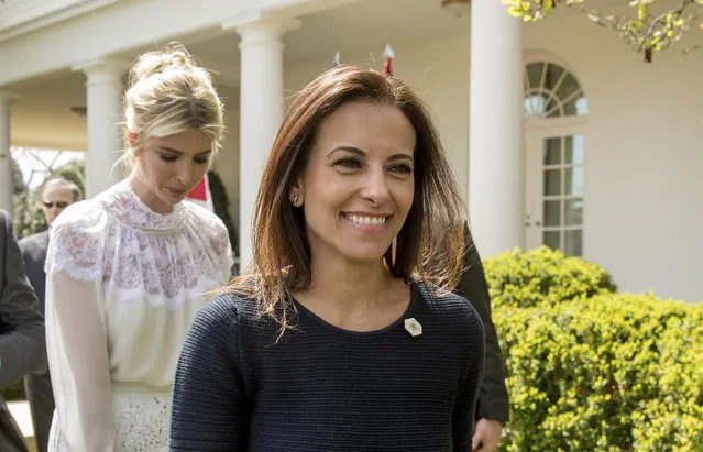 In this April 5, 2017 file photo, then White House Senior Counselor for Economic Initiatives Dina Powell, followed by Ivanka Trump, leaves a news conference in the Rose Garden at the White House in Washington. Former deputy national security adviser Dina Powell has told the White House that she is not interesting in serving as Trump’s next U.N. ambassador, Thursday, October 11, 2018. (Photo by Andrew Harnik/AP Photo)