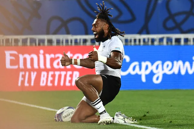 Fiji's outside centre and captain Waisea Nayacalevu celebrates scoring his team's first try during the France 2023 Rugby World Cup Pool C match between Wales and Fiji at Stade de Bordeaux in Bordeaux, south-western France on September 10, 2023. (Photo by Christophe Archambault/AFP Photo)