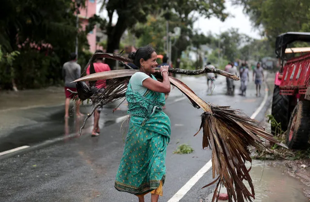 An Indian woman carries fallen palm branches as Cyclone Yaas makes landfall in Digha, near the Bay of Bengal, south of Kolkata, India, 26 May 2021. (Photo by Piyal Adhikary/EPA/EFE)
