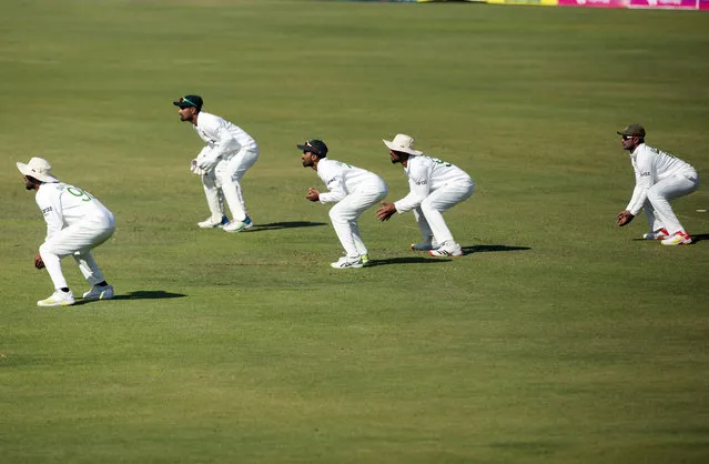 Bangladesh players position themseleves for a catch on the second day of the test cricket match between Zimbabwe and Bangladesh at Harare Sports Club in Harare,Thursday, July,8, 2021.(Photo by Tsvangirayi Mukwazhi/AP Photo)