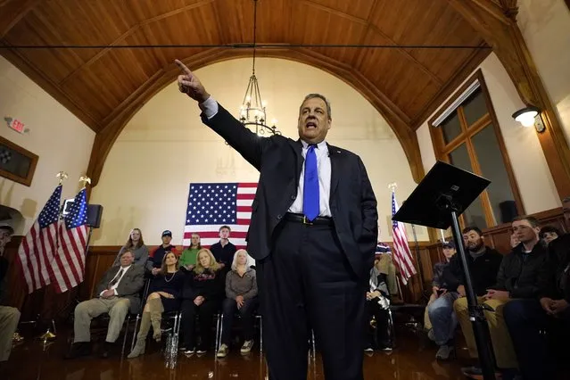 Republican presidential candidate former New Jersey Gov. Chris Christie announces he is dropping out of the race during a town hall campaign event Wednesday, January 10, 2024, in Windham, N.H. (Photo by Robert F. Bukaty/AP Photo)
