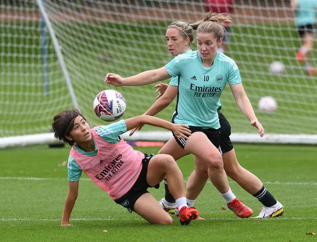 Mana Iwabuchi, Jordan Nobbs and Kim Little of Arsenal during the Arsenal Women's training session at London Colney on October 08, 2021 in St Albans, England. (Photo by David Price/Arsenal FC via Getty Images)