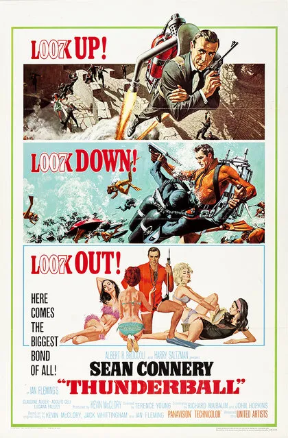 Thunderball (United Artists, 1965). One Sheet (27" X 41"). This one sheet, showcasing artwork by Robert McGinnis and Frank McCarthy features the back of the jetpack on Bond's back extending above the green border, whereas another printing from the same time period does not. Estimate: $600 - $1,200. (Photo by Courtesy Heritage Auctions)