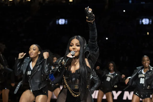 Halftime performance by American rappers Lil Kim and Fivio Foreign featuring the Brooklynettes during the regular season game between the Minnesota Timberwolves and Brooklyn Nets on December 3, 2021 at Barclays Center, Brooklyn, New York. (Photo by Mike Lawrence)