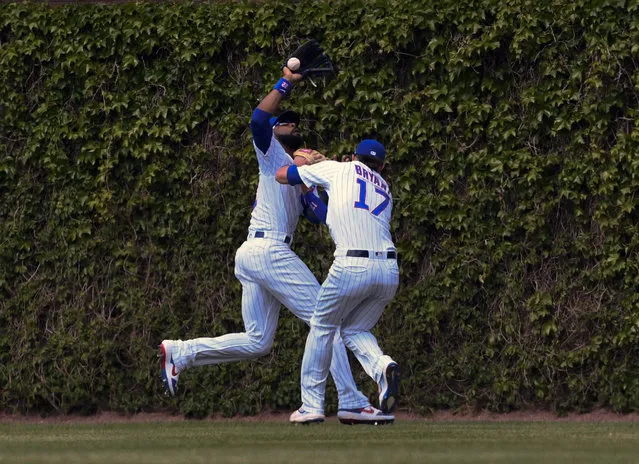 Chicago Cubs center fielder Jason Heyward, left, and right fielder Kris Bryant (17) collide while chasing a ball hit by Cincinnati Reds'c Eugenio Suarez (7) during the sixth inning of a baseball game Sunday, May 26, 2019, in Chicago. Bryant was charged with an error on the play. (Photo by Matt Marton/AP Photo)