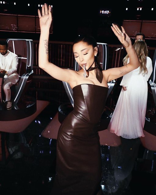 American singer Ariana Grande celebrates after "The Voice" finale, Season 21, Episode 2119B on December 14, 2021. (Photo by Trae Patton/NBC/NBCU Photo Bank via Getty Images)