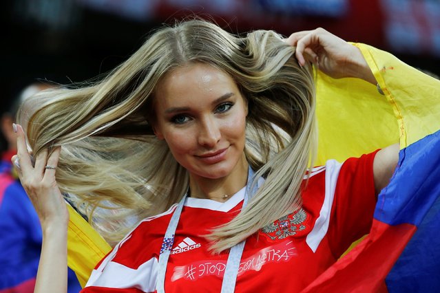 A female fan gestures during the 2018 FIFA World Cup Russia Round of 16 match between Colombia and England at the Spartak Stadium in Moscow, Russia on July 03, 2018. (Photo by Sefa Karacan/Anadolu Agency/Getty Images)