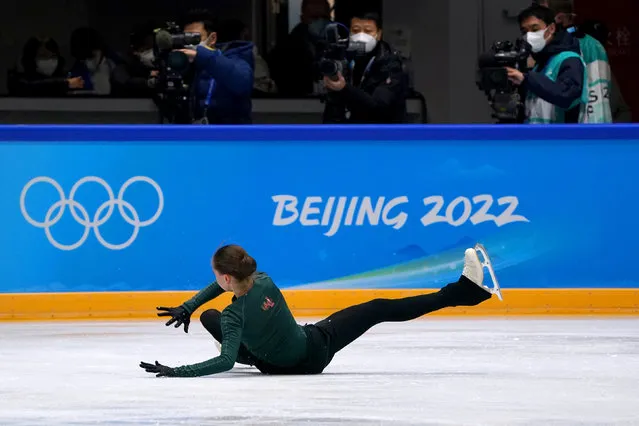 ROC's Kamila Valieva falls over during a training session on day nine of the Beijing 2022 Winter Olympic Games at the Capital Indoor Stadium in China on Sunday, February 13, 2022. (Photo by Andrew Milligan/PA Images via Getty Images)
