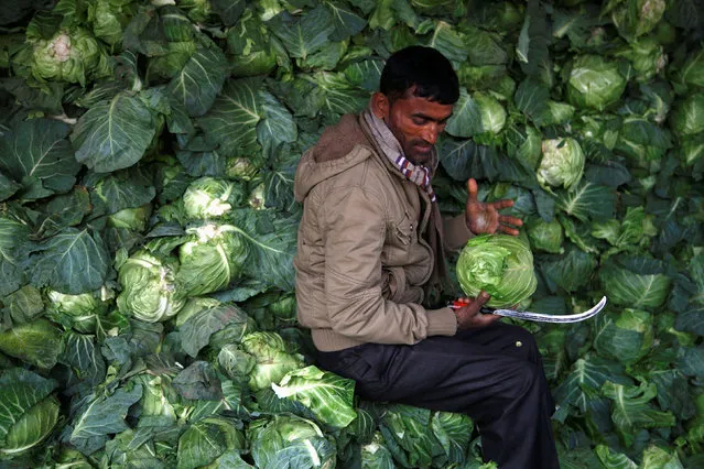 A vendor sells cabbage at the vegetable market in Kathmandu, Nepal February 16, 2017. (Photo by Navesh Chitrakar/Reuters)