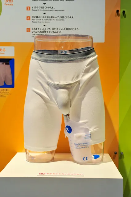 An urine drainage pants is displayed during the “Toilet!? Human Waste and Earth's Future” exhibition at The National Museum of Emerging Science and Innovation – Miraikan on July 1, 2014 in Tokyo, Japan. The exhibition focuses on how the toilet has changed our daily lives and discovers what the most environment-friendly and ideal toilet is. (Photo by Keith Tsuji/Getty Images)