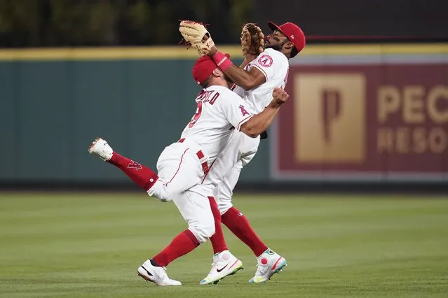 Los Angeles Angels second baseman Jack Mayfield (9) and right fielder Jo Adell (7) collide while reaching to catch a fly ball hit by Boston Red Sox's Xander Bogaerts during the seventh inning of a baseball game in Anaheim, Calif., Wednesday, June 8, 2022. Adell caught the ball. (Photo by Ashley Landis/AP Photo)