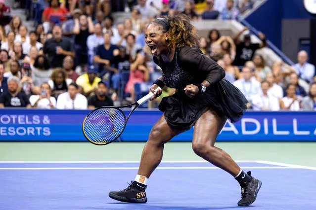 US player Serena Williams reacts after a point against Montenegro's Danka Kovinic during their 2022 US Open Tennis tournament women's singles first round match at the USTA Billie Jean King National Tennis Center in New York, on August 29, 2022. Serena Williams was set to take center stage as the US Open got under way on August 29, 2022 with the 23-time Grand Slam winner preparing to bid an emotional farewell to tennis. (Photo by Corey Sipkin/AFP Photo)