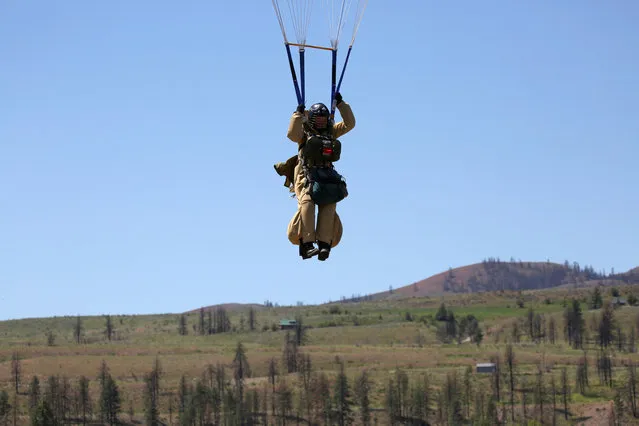 A smokejumper navigates towards the ground after leaping from an airplane during a training exercise in Winthrop, Washington, U.S., June 6, 2016. (Photo by David Ryder/Reuters)