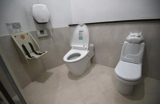 A family public toilet at Haewoojae Culture Center in Suwon, south of Seoul on November 10, 2017. South Korean sanitation activist Sim Jae-Duck built a toilet-shaped house in order to celebrate the establishment of the World Toilet Association in 2007. He named it Haewoojae, which means “a house to relive ones concerns”, a term used in temples when referring to the restroom. (Photo by Jung Yeon-Je/AFP Photo)