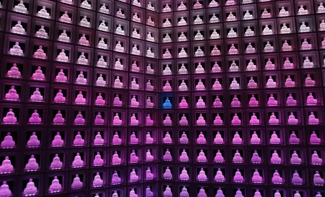 Buddha statues carved in crystals are pictured at the “Ruriden”, a cemetery that uses high-powered LED lights to illuminate over 2,000 Buddha statues, in downtown Tokyo October 27, 2014. (Photo by Toru Hanai/Reuters)