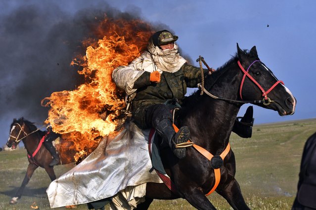 Participants of the Gallops 2025 compete near the alpine Song-Kol Lake, 280 kilometers, (175 miles) southeast of Bishkek, Kyrgyzstan, Monday, July 21, 2025. (Pohot by Vladimir Voronin/AP Photo)