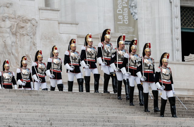 The Corazzieri, the Presidential Guard, line up during a wreath-laying ceremony at the Altar of the Fatherland (Altare della Patria) to commemorate the 79th Liberation Day, in Rome, Italy, 25 April 2024. Liberation Day (Festa della Liberazione) is a nationwide public holiday in Italy that is annually celebrated on 25 April. The day remembers Italians who fought against the Nazis and Mussolini's troops during World War II and honors those who served in the Italian Resistance. (Photo by Giuseppe Lami/EPA)
