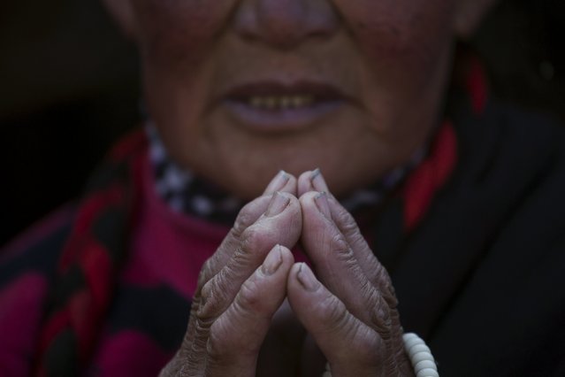 A woman prays as ethnic Tibetan people gather in sub zero temperatures on the hill above a Buddhist laymen lodge for daily chanting session during the Utmost Bliss Dharma Assembly, the last of the four Dharma assemblies at Larung Wuming Buddhist Institute in remote Sertar county, Garze Tibetan Autonomous Prefecture, Sichuan province, China November 1, 2015. (Photo by Damir Sagolj/Reuters)
