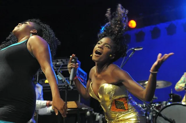 Lead singer Shingai Shoniwa performs with the Noisettes in the Big Top at the Cheltenham Jazz Festival, Gloucestershire, on May 4, 2013. (Photo by Tim Ireland/PA Wire)