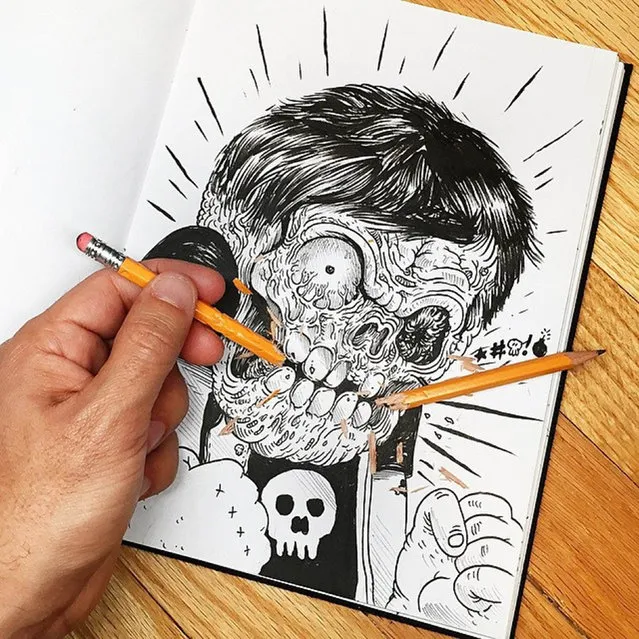 A quirky cartoonist challenged his own creation to a fight – but he could only draw. US artist Alex Solis, 31, from Chicago, Illinois, drew his skull t-shirt-wearing alter ego, who he calls Chuck, smashing his phone and stabbing his finger in his Inkteraction pictures. (Photo by Alex Solis/Caters News)
