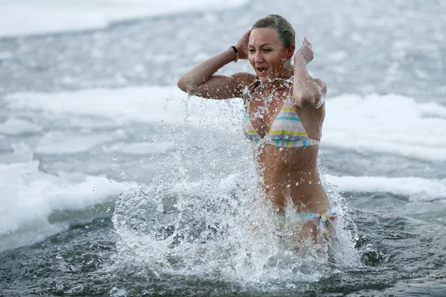 A woman takes a dip in icy waters during celebrations for the Orthodox Epiphany on the Dnipro River in Kiev, Ukraine, January 19, 2016. (Photo by Valentyn Ogirenko/Reuters)