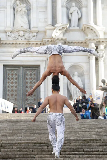 Vietnamese artist Quoc Co Giang (down) and his brother Quoc Nghiep Giang try to break the Guinness World Record by climbing stairs with one carrying the other on head to head balancing at the Cathedral of Girona on December 22, 2016. The Giang brothers broke the record with 90 stairs in 52 seconds. (Photo by Pau Barrena/AFP Photo)