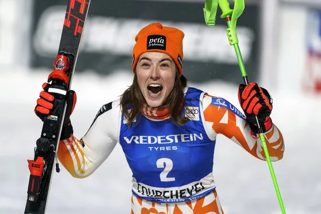 Slovakia's Petra Vlhova celebrates after winning an alpine ski, women's World Cup slalom, in Courchevel, France, Thursday, December 21 2023. (Photo by Giovanni Auletta/AP Photo)