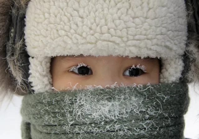 A child, with eyelashes covered with hoarfrost, is seen along a street in the eastern Siberian city of Yakutsk in Sakha (Yakutia) Republic February 10, 2012. The air temperature in Yakutsk is about minus 35 degrees Celsius (minus 31 degrees Fahrenheit). (Photo by Viktor Everstov/Reuters)