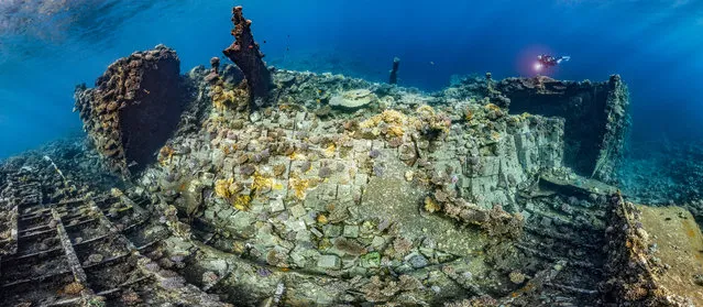 Wrecks category runner-up. Wreck of the Chrisoula K by Tobias Friedrich (Germany) in Abu Nuhas Egypt. “Because the bow sections of the Chrisoula K wreck in the Red Sea are too big to be taken in one image, my idea was to create a panoramic view from multiple images and merge them together to one big panorama to get a nice view of the whole wreck from that perspective”. (Photo by Tobias Friedrich/Underwater Photographer of the Year 2019)