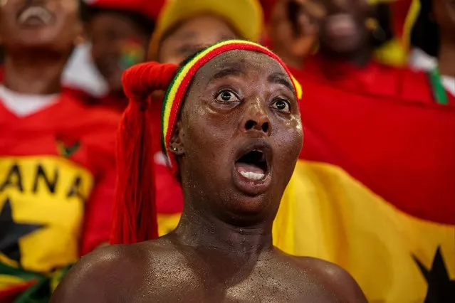 A Ghana's supporter reacts during the Africa Cup of Nations (CAN) 2024 group B football match between Ghana and Cape Verde at the Felix Houphouet-Boigny Stadium in Abidjan on January 14, 2024. (Photo by Franck Fife/AFP Photo)