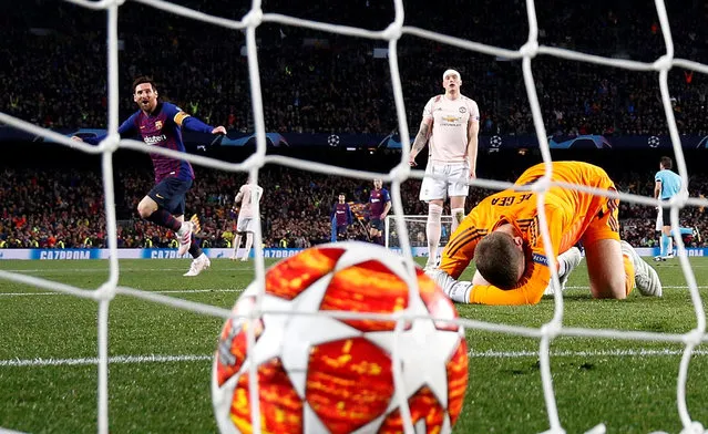 FC Barcelona's Lionel Messi celebrates during the UEFA Champions League quarterfinal second leg soccer match between FC Barcelona and Manchester United in Barcelona, Spain, on April 16, 2019. Barcelona won 3-0 and entered the semifinal with a total score of 4-0. (Photo by Sergio Perez/Reuters)
