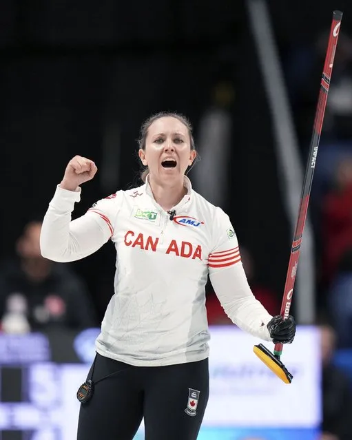 Canada skip Rachel Homan reacts to her game-winning final shot against Turkey during a women's world curling championships match Wednesday, March 20, 2024, in Sydney, Nova Scotia. Photo by (Darren Calabrese/The Canadian Press via AP Photo)