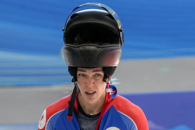 Nadezhda Sergeeva, of the Russian Olympic Committee, looks at her time in the women's monobob heat 4 at the 2022 Winter Olympics, Monday, February 14, 2022, in the Yanqing district of Beijing. (Photo by Pavel Golovkin/AP Photo)