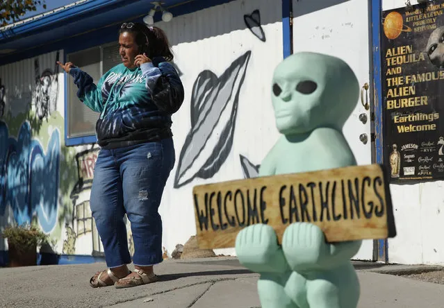 Little A'Le'Inn owner Connie West speaks on the phone outside of the bar and restaurant, Wednesday, September 18, 2019, in Rachel, Nev. West was preparing for an event spawned from the “Storm Area 51” internet hoax. (Photo by John Locher/AP Photo)