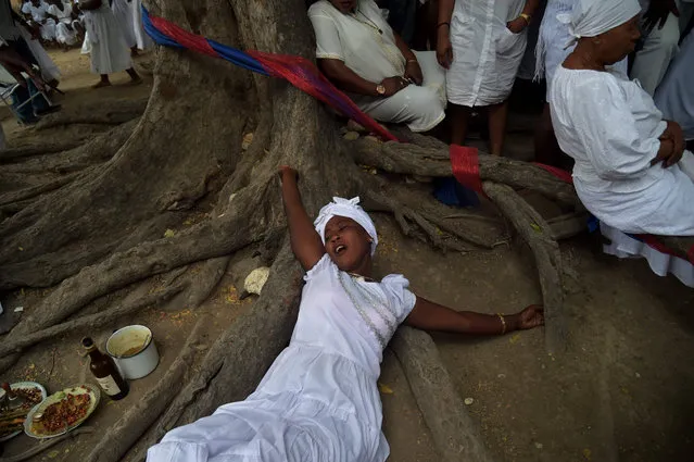 A Haitian woman lies in a trance during a voodoo ceremony in Souvenance, a suburb of Gonaives, 171 km north of Port- au- Prince, on April 16, 2017. Haitian voodoo followers arrived in Souvenance to take part in the voodoo ceremonies held during Easter weekend. (Photo by Hector Retamal/AFP Photo)