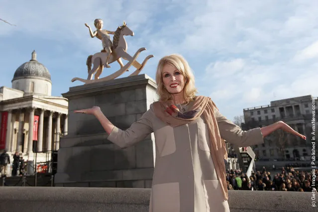 Actress Joanna Lumley unveils a sculpture entitled 'Powerless Structures, Fig.101' designed by Danish artist Michael Elmgreen and Norwegian artist Ingar Dragset on the Fourth Plinth in Trafalgar Square
