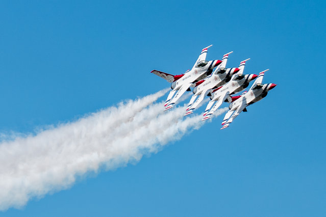 Thunderbirds of United States Air Force perform during Arctic Thunder Air Show 2024 at Joint Base Elmendorf-Richardson (JBER) military facility in Anchorage, Alaska, United States on July 22, 2024. USAF Air Combat Command F-22 Raptor, USAF Pacific Air Forces' F-16 Viper and C-17 Globemaster III as well as German Air Force's PA-200 Tornado and the U.S. Army Golden Knights parachute team also have performance during the show. (Photo by Hasan Akbas/Anadolu via Getty Images)