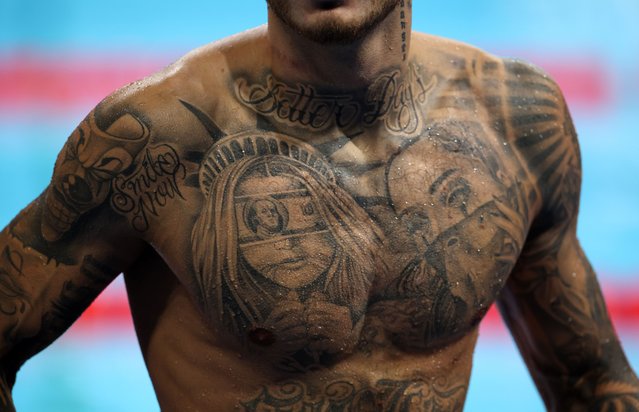 Detailed view of the tattoed chest of Manuel Mateo Bortuzzo of Team Italy on day five of the Paris 2024 Summer Paralympic Games at Paris La Defense Arena on September 02, 2024 in Nanterre, France. (Photo by Adam Pretty/Getty Images)