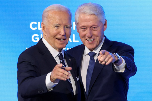 U.S. President Joe Biden and former U.S. President Bill Clinton gesture on the day that Biden is presented with the Clinton Global Citizen Award during the Clinton Global initiative in New York City on September 23, 2024. (Photo by Brendan McDermid/Reuters)