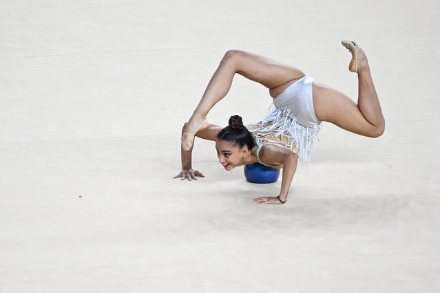 Mexico's Marina Malpica competes in the Gymnastics Rhythmic Ball final during the XXIV Central American and Caribbean Games in San Salvador on July 3, 2023. (Photo by Marvin Recinos/AFP Photo)