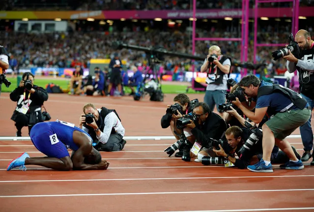 US athlete Justin Gatlin reacts after winning the final of the men' s 100 m athletics event at the 2017 IAAF World Championships at the London Stadium in London on August 5, 2017. (Photo by Phil Noble/Reuters)