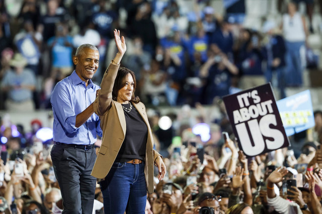 Former US President Barack Obama campaigns with Democratic presidential candidate, US Vice President Kamala Harris, at the James R. Hallford Stadium in Clarkston, Georgia, USA, 24 October 2024. Harris is running against former US president and Republican presidential nominee Donald Trump and the United States will hold its election on 05 November 2024. (Photo by Erik S. Lesser/EPA/EFE)