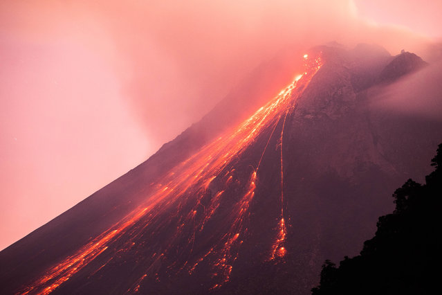 Lava runs down from the crater of Mount Merapi as the volcanic activity increases, as seen from Turgo village in Sleman Regency, Yogyakarta Province, Indonesia, on September 14, 2024. The most active volcano is on the Java island; Mount Merapi stands 2,968 meters (9,738 feet) tall. (Photo by Garry Lotulung/Anadolu via Getty Images)