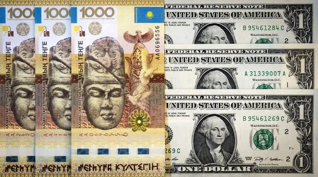 A picture illustration shows Kazakhstan's tenge and U.S. dollars banknotes in Almaty, Kazakhstan, August 21, 2015. Kazakhstanis took to social media on Friday to mock and grumble as vendors hiked their prices after veteran leader Nursultan Nazarbayev let the tenge currency join a global wave of devaluations.The tenge rate tumbled by 26.2 percent on Thursday to 255.26 per dollar as the central bank and government decided to let it float freely, seeking to support an economy hit by low world prices for its oil and metals exports. (Photo by Shamil Zhumatov/Reuters)
