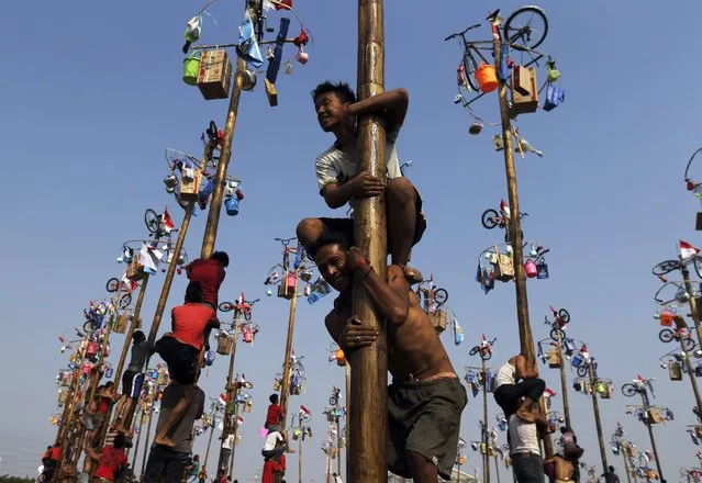 Participants react as they hold on to a greased pole during the “Panjat Pinang” event organised in celebration of Indonesia's 69th Independence Day at Ancol Dreamland Park in Jakarta August 17, 2014. (Photo by Reuters/Beawiharta)