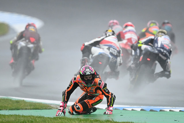 Alonso Lopez of Spain and the CAG SpeedUp Team crashes in the Moto 2 race during the MotoGP of Australia - Sprint Race at Phillip Island Grand Prix Circuit on October 22, 2023 in Phillip Island, Australia. (Photo by Quinn Rooney/Getty Images)