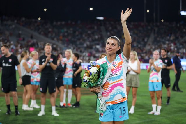 US soccer legend Alex Morgan waves goodbye to fans in San Diego after her final professional match on Sunday, September 8, 2024. The 35-year-old announced her retirement from the sport last week. (Photo by Meg Oliphant/Getty Images)