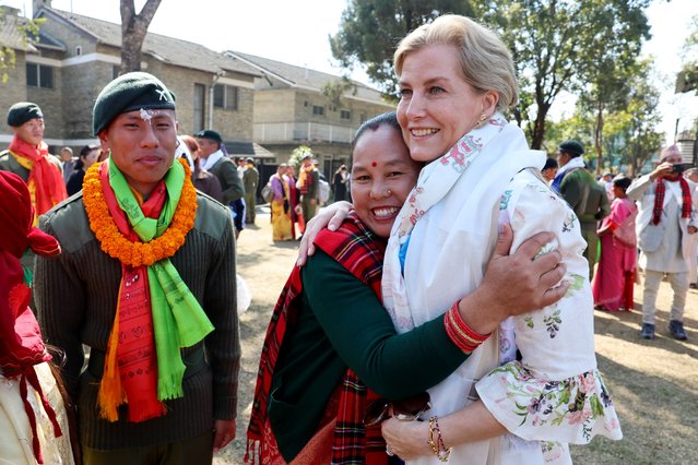 Sophie, Duchess of Edinburgh, interacts with Gurkha graduates and their family members during the annual attestation parade at the British Gurkha Camp during day four of their official tour to Nepal on February 07, 2025 in Pokhara, Nepal. The parade celebrates over 200 years of partnership between the UK and Nepal and the service of Gurkhas in the British Army. About 13,000 Nepalis apply and only 270 graduate. The visit celebrates close relations between the UK and Nepal. Previously, King Charles visited Nepal in 1998, and Queen Elizabeth II and Prince Philip visited in 1986. (Photo by Chris Jackson/Getty Images)