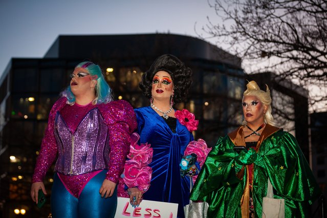 Hundreds attend a drag rally and march to the John F. Kennedy Center for the Performing Arts to protest Donald Trump's takeover of the organization, in Washington on March 8, 2025. A drag artist collective hosted the event after Trump cited the Kennedy Center's hosting of drag events as one reason for his hostile takeover. The musical Hamilton recently cancelled its performances at the Center due to Trump's takeover. (Photo by Allison Bailey/NurPhoto/Rex Features/Shutterstock)
