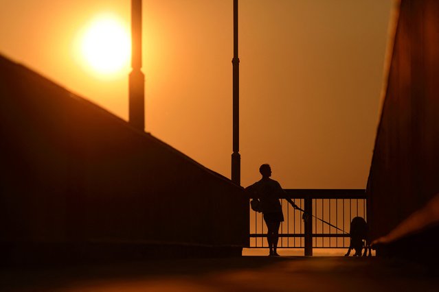 This picture taken on September 22, 2025, shows a man walking his dog across a bridge as the sun sets over Leighton Beach in Perth, Australia. (Photo by Antony Dickson/AFP Photo)
